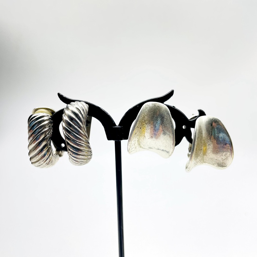 Vintage Silver Tone Clip On Earrings Textured Rope Half Hoop Statement Jewelry